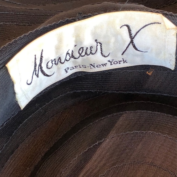 VTG 1960s Black Saucer Hat w Ruffled Brim OS - Picture 10 of 10